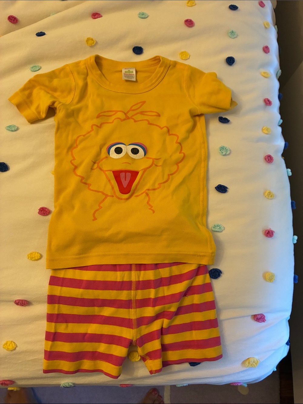 Hanna Andersson Yellow Big Bird Tee with Pink & Yellow Striped Shorts